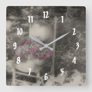 Flowers On Old Wooden Chair Square Wall Clock