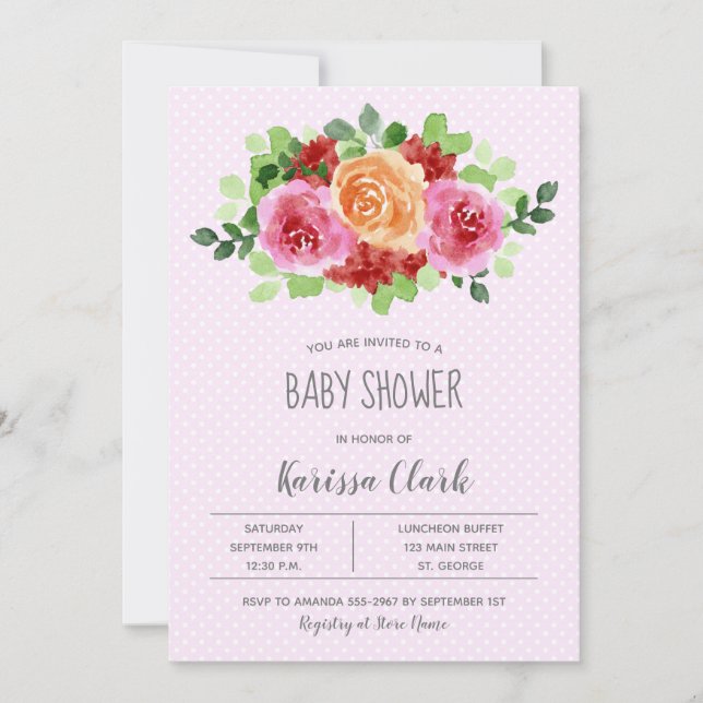 Flowers on Pink Polka Dots Girl Baby Shower Invite (Front)
