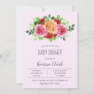 Flowers on Pink Polka Dots Girl Baby Shower Invite