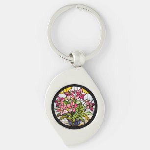 Flowers on Stained Glass Key Ring