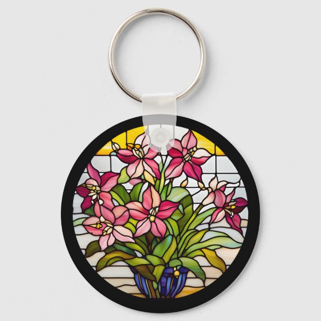 Flowers on Stained Glass Key Ring (Front)