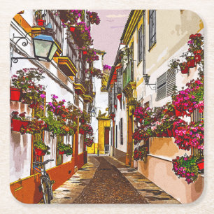 Flowers on the street. Cordoba, Andalusia, Spain. Square Paper Coaster