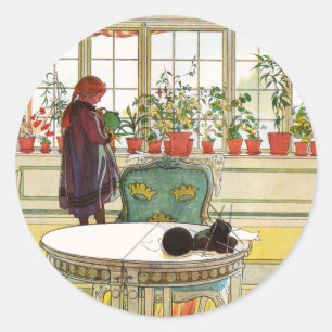 Flowers on the Windowsill by Carl Larsson Classic Round Sticker