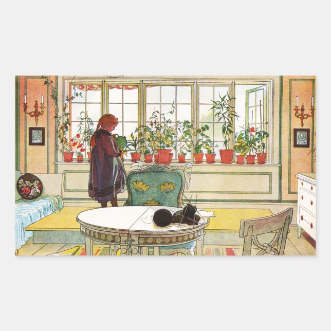 Flowers on the Windowsill by Carl Larsson Rectangular Sticker (Front)
