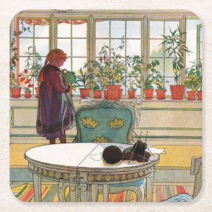 Flowers on the Windowsill by Carl Larsson Square Paper Coaster