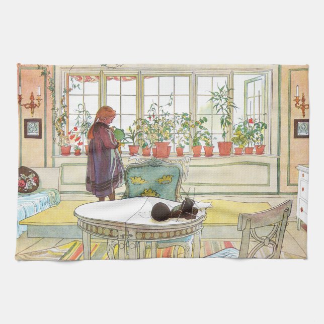 Flowers on the Windowsill Carl Larsson Swedish Tea Towel (Horizontal)