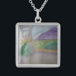 Flowers On The Windowsill  Sterling Silver Necklace<br><div class="desc">A charming rural scene, this attractive flowers on the windowsill original watercolor is painted in soft pastel shades of purple, mauve, green, yellow and red. A pretty posy of wildflowers has been placed on a windowsill on a summer afternoon. Th window is open and the curtain flutters in the warm...</div>