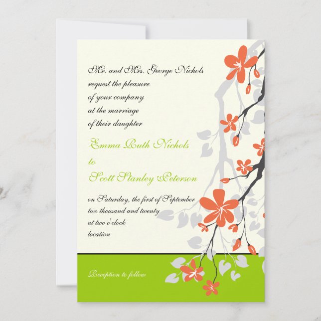 Flowers orange lime green wedding invitation (Front)