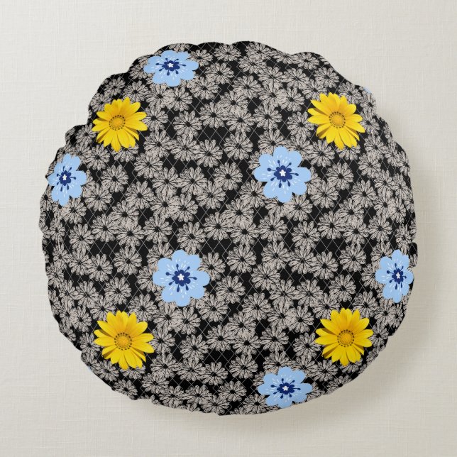 Flowers pattern 19.b. Black BG Round Cushion (Front)