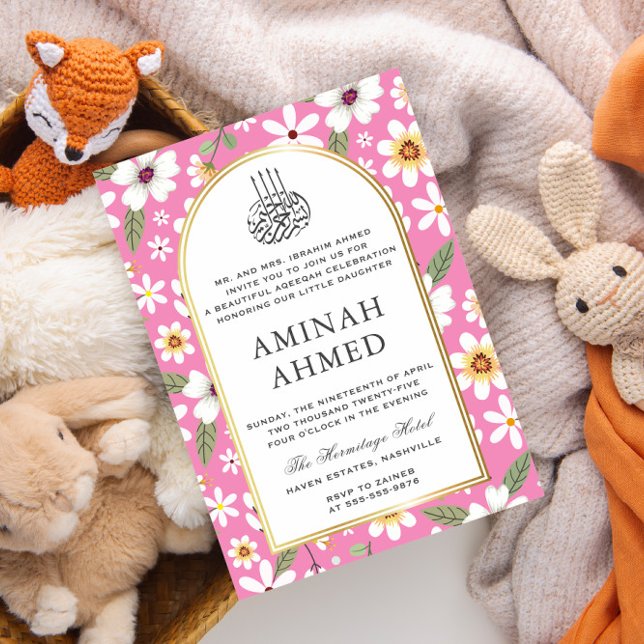 Flowers Pattern Pink Islamic Aqiqa Aqeeqa Baby Invitation (Creator Uploaded)