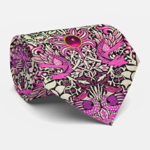 FLOWERS,PEACOCKS AND DRAGONS PINK GEM STONE TIE