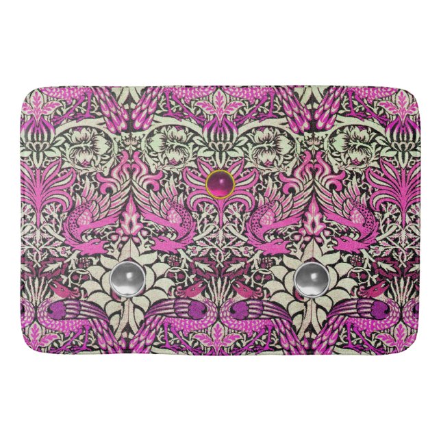 FLOWERS,PEACOCKS AND DRAGONS,PINK WHITE GEM STONES BATH MAT (Front)