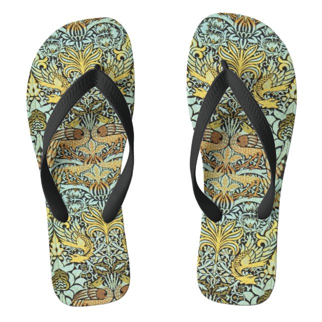 FLOWERS,PEACOCKS AND DRAGONS ,Yellow Black White Thongs (Footbed)