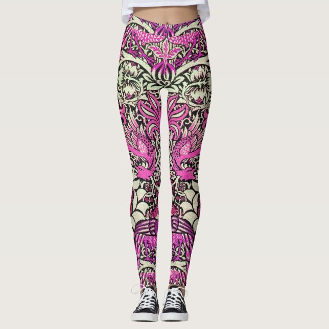 FLOWERS,PEACOCKS,DRAGONS Pink BLack White Fantasy Leggings (Front)