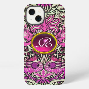 FLOWERS,PEACOCKS, DRAGONS, PINK GEM STONE MONOGRAM iPhone 13 CASE