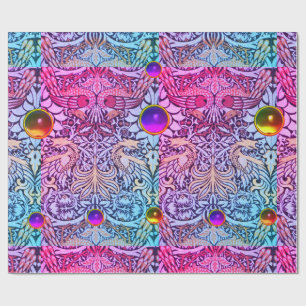FLOWERS,PEACOCKS,DRAGONS,PINK PURPLE YELLOW GEMS WRAPPING PAPER