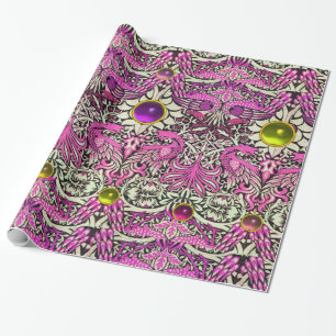 FLOWERS,PEACOCKS,DRAGONS, PINK YELLOW GEM STONES WRAPPING PAPER