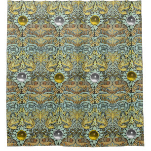 FLOWERS,PEACOCKS, DRAGONS,YELLOW WHITE GEM STONES SHOWER CURTAIN