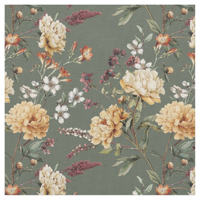 Flowers peony rose Bloom Green Fabric (Close Up)