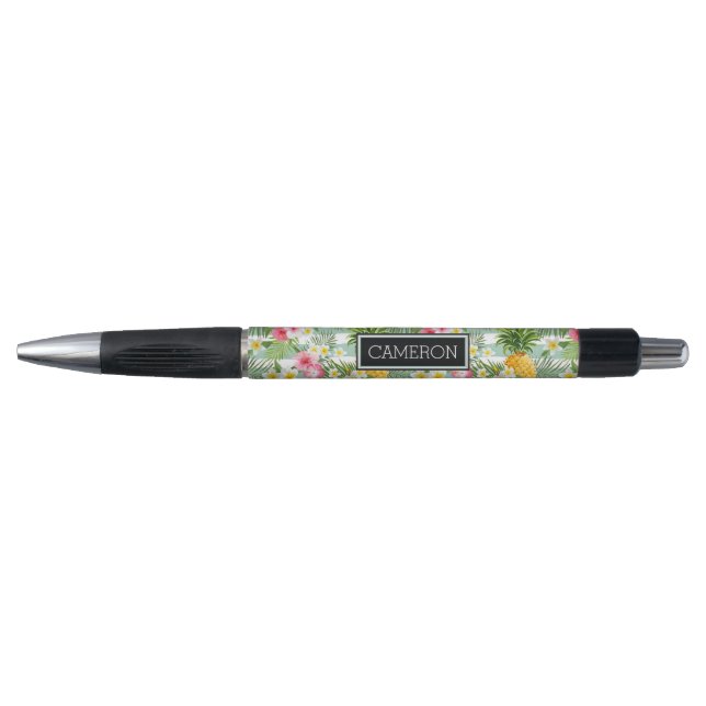 Flowers & Pineapple Teal Stripes | Add Your Name (Front)