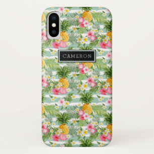 Flowers & Pineapple Teal Stripes   Add Your Name iPhone X Case