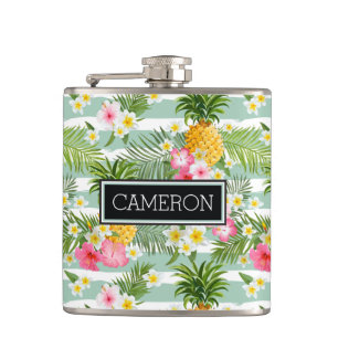 Flowers & Pineapple Teal Stripes Add Your Name Hip Flask