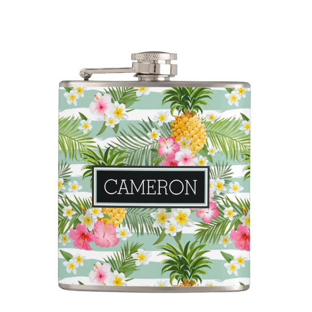 Flowers & Pineapple Teal Stripes | Add Your Name Hip Flask (Front)