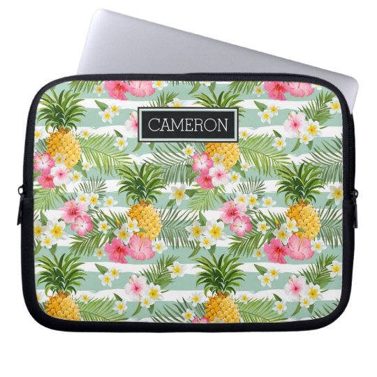 Flowers & Pineapple Teal Stripes | Add Your Name Laptop Sleeve
