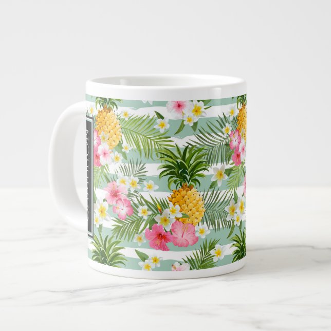 Flowers & Pineapple Teal Stripes | Add Your Name Large Coffee Mug (Front Left)