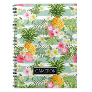 Flowers & Pineapple Teal Stripes   Add Your Name Notebook