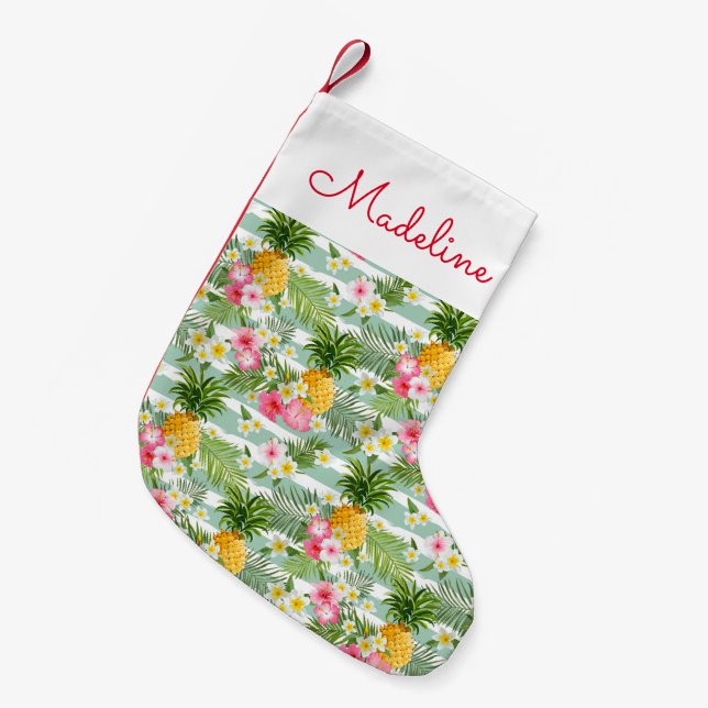 Flowers & Pineapple Teal Stripes | Add Your Name Small Christmas Stocking (Front (Hanging))
