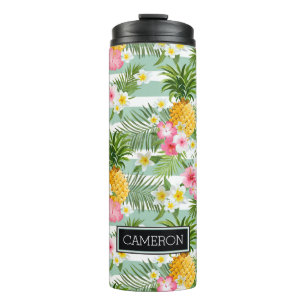 Flowers & Pineapple Teal Stripes   Add Your Name Thermal Tumbler