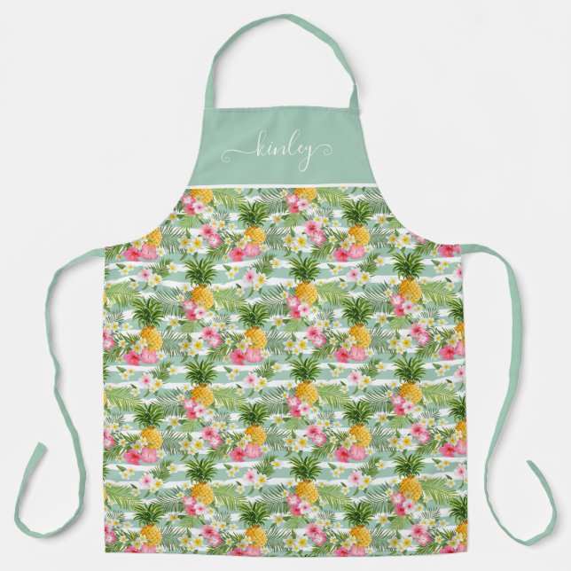 Flowers & Pineapple Teal Stripes Apron (Front)