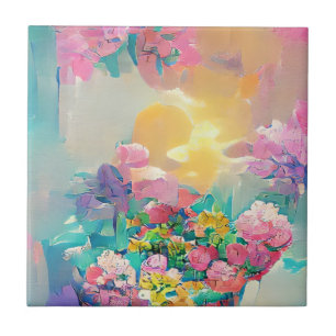 Flowers pink and yellow digital art ceramic tile