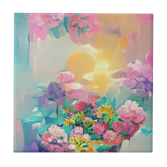 Flowers pink and yellow digital art ceramic tile (Front)