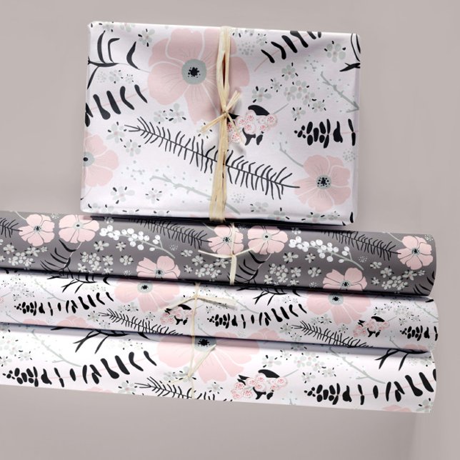 Flowers Pink Black Botanical Decoupage Gift Wrapping Paper Sheet (Sweet Pink Gray Whimsical Patterned Flowers Wrapping Paper Sheets from Studio Posies.)