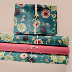 Flowers Pink Green Floral Pattern Wrapping Paper Sheet