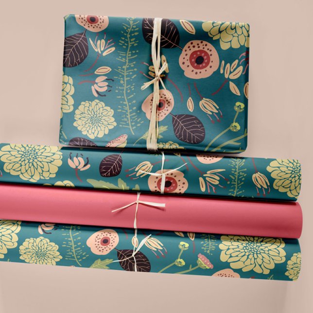 Flowers Pink Green Floral Pattern Wrapping Paper Sheet (Green Teal Pink Floral Playful Mix Pattern Wrapping Paper Sheets from Studio Posies. )