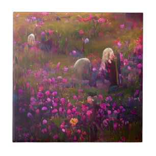Flowers pink in a green field digital art ceramic tile