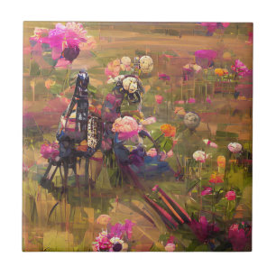 Flowers pink in a green field digital art  ceramic tile