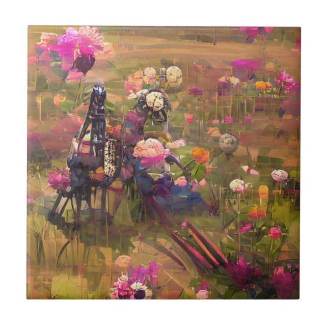 Flowers pink in a green field digital art  ceramic tile (Front)