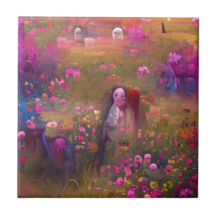Flowers pink in a green field digital art  ceramic tile