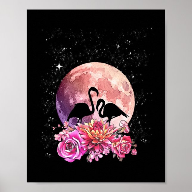 Flowers Pink Moon And Flamingo Love Poster (Front)