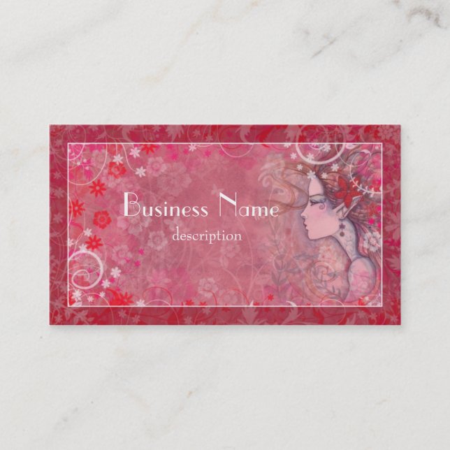 Flowers Pink Red and White with Illustrated Woman Business Card (Front)