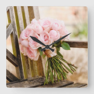 Flowers   Pink Rose Bouquet Square Wall Clock