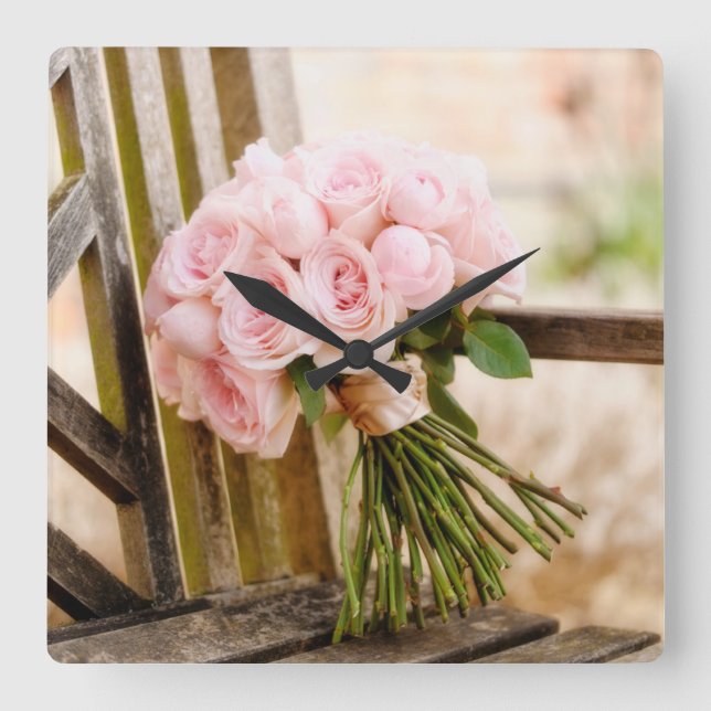 Flowers | Pink Rose Bouquet Square Wall Clock (Front)