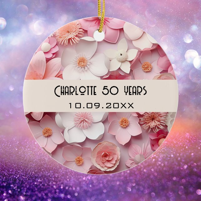 Flowers pink white birthday name ceramic ornament (Creator Uploaded)
