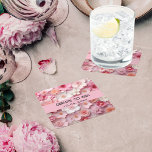 Flowers pink white name birthday party square paper coaster<br><div class="desc">A pink and white flower pattern.  Personalise and add a name and date.</div>