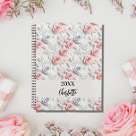 Flowers pink white pattern name script 2024 planner<br><div class="desc">Pink and white coloured flower pattern.  Personalise and add a year (any year) and your name. The name is written with a modern hand lettered style script</div>