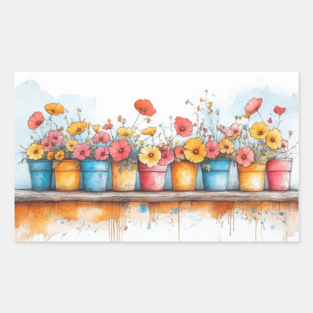Flowers Pots Illustration Pastel Colour Drawing Rectangular Sticker (Front)